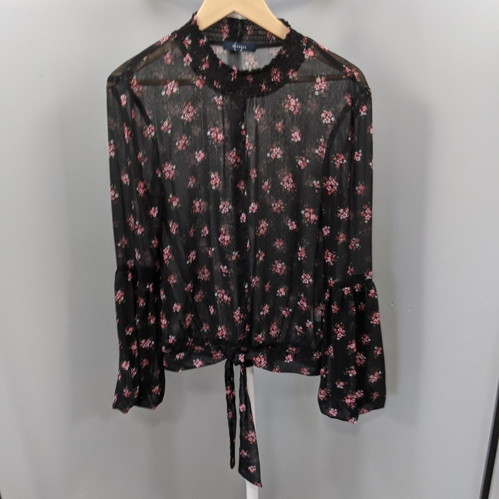 Black Sheer Floral Long Sleeve Tie Front Top, S
